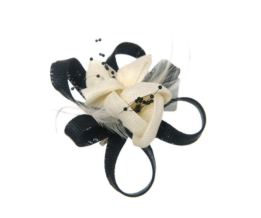 Black/Ivory small flower linen look clip/brooch